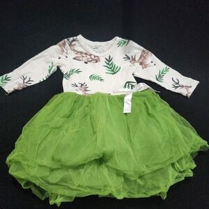 Kids Deer Print Long Sleeve Tutu Dress Green Tulle Ruffle Bow Size 12-18 MONTHS